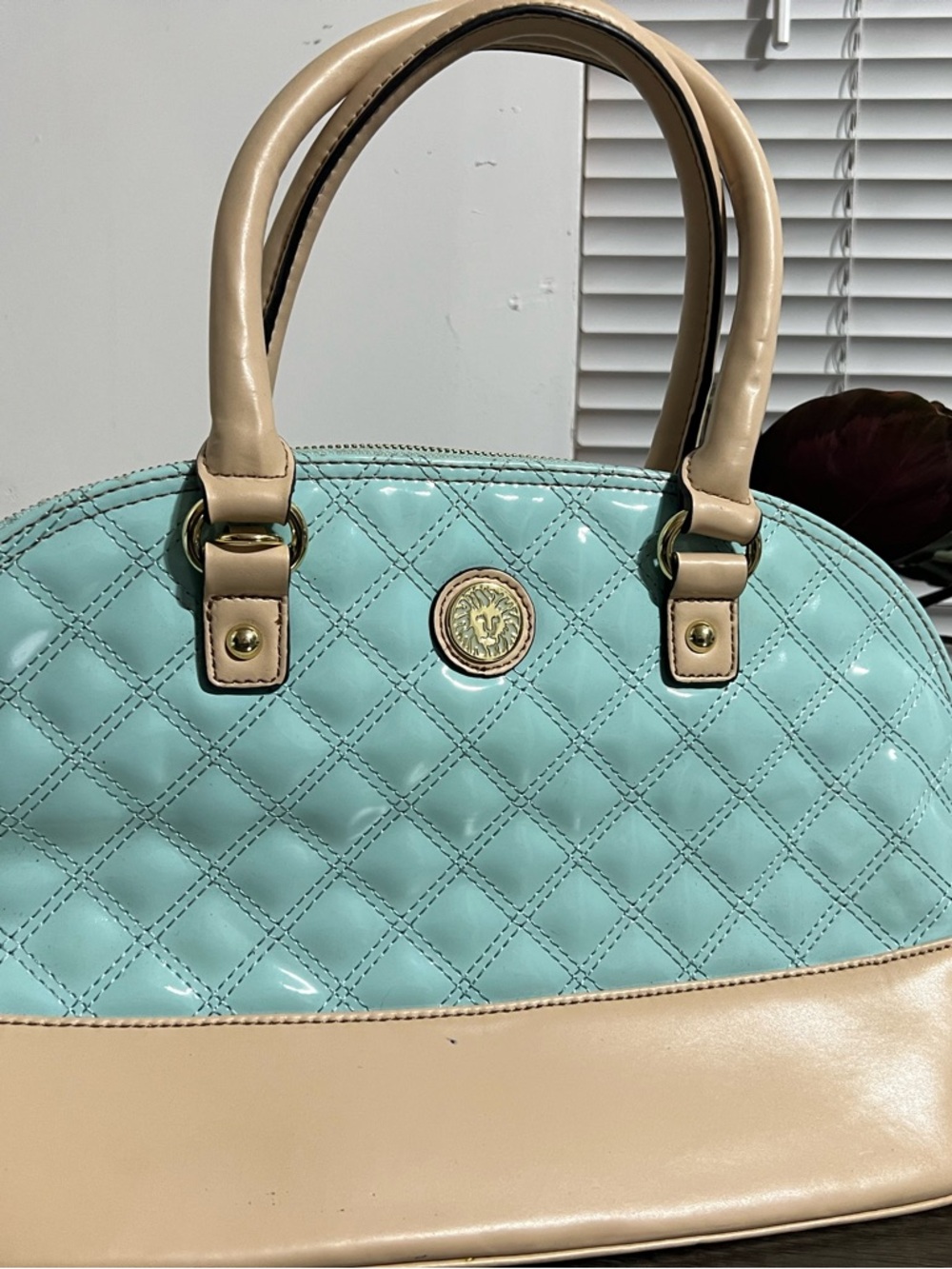 Ann Klein Quilted Patent Dome Satchel - Aqua/Mint with Beige Trim
